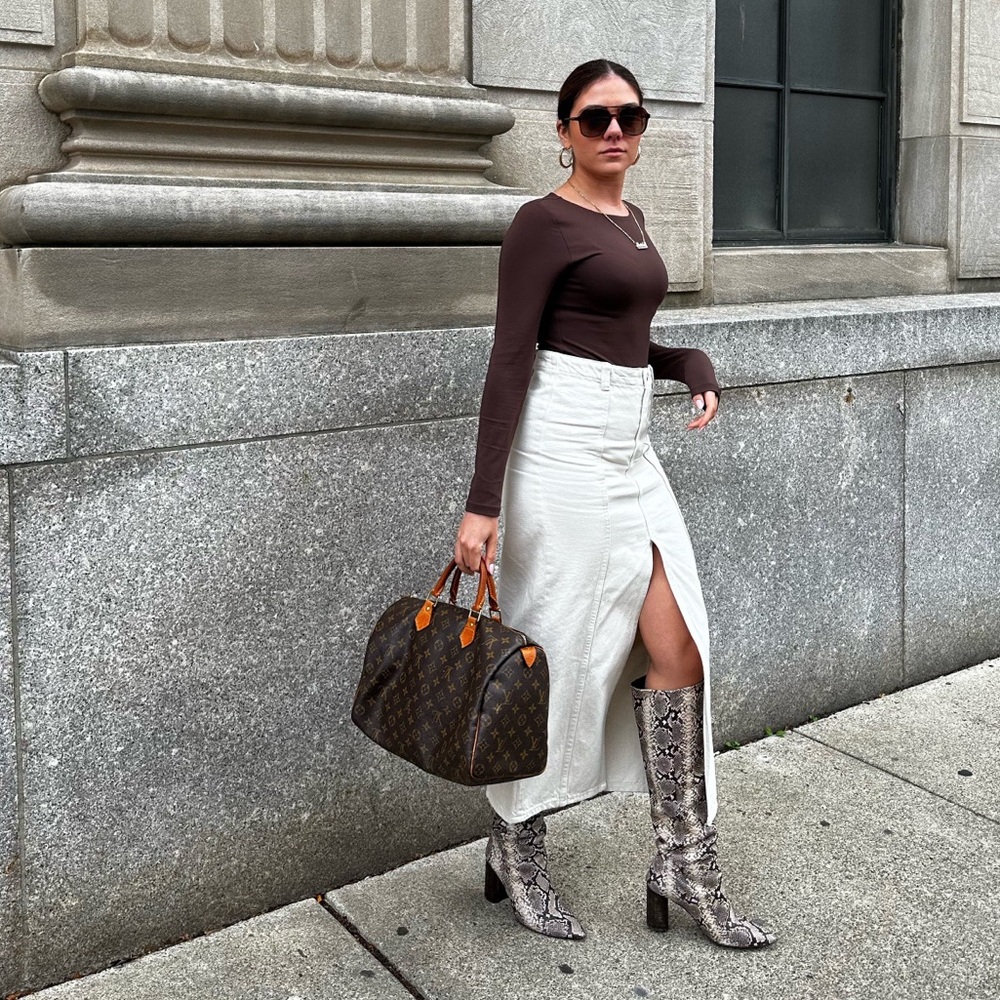 ZARA Cream Denim Midi Skirt | Front Slit High-Waisted Structured Skirt - Picture 2 of 3